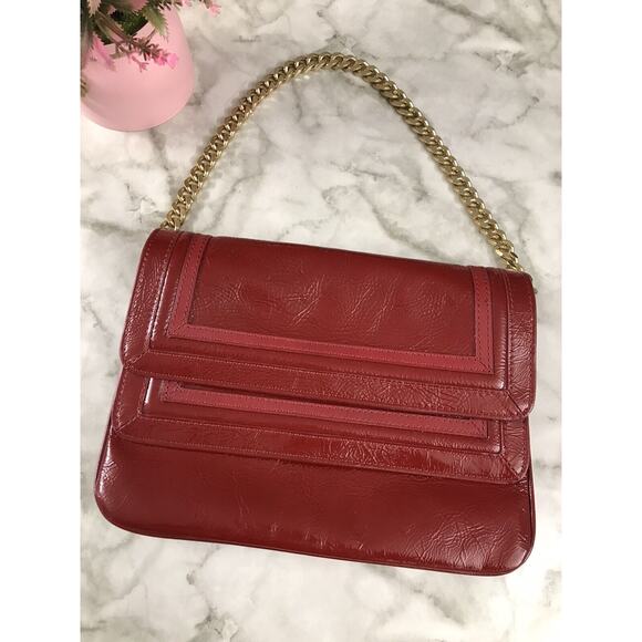 Vintage Rare Kate Landry Red Patent Leather Gold Chain Purse Handbag 10.5"x8" - Picture 1 of 10